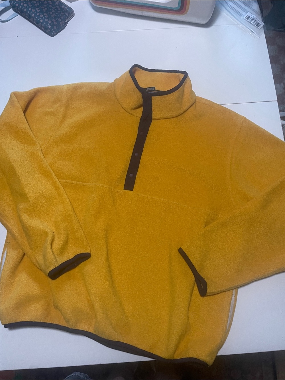 LL Bean Men's Mustard Yellow Fleece Pullover Sweater with Contrast Trim
